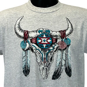 Vintage 90s Native American Indian T Shirt Southwestern Skull Gray Mens M Medium